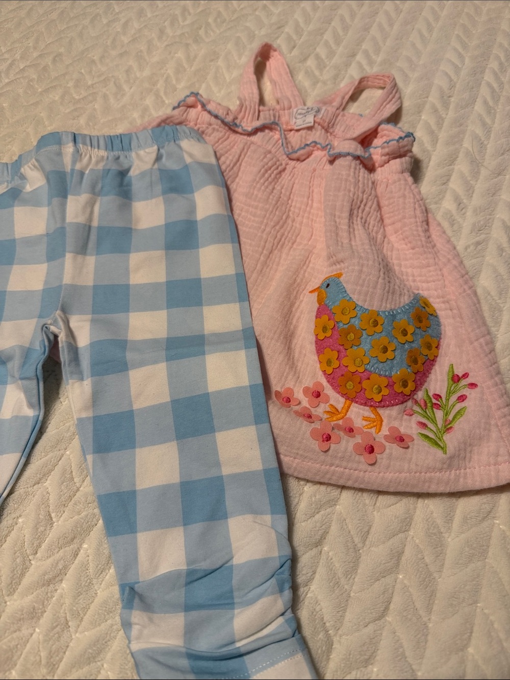 Mudpie size 3 Pink Baby doll shirt with Floral Chicken Applique and plaid pants